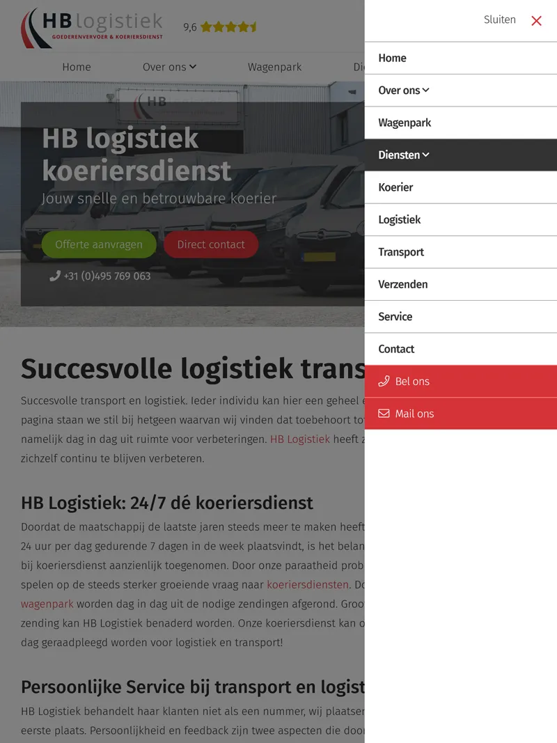 HB Logistiek responsive menu tablet