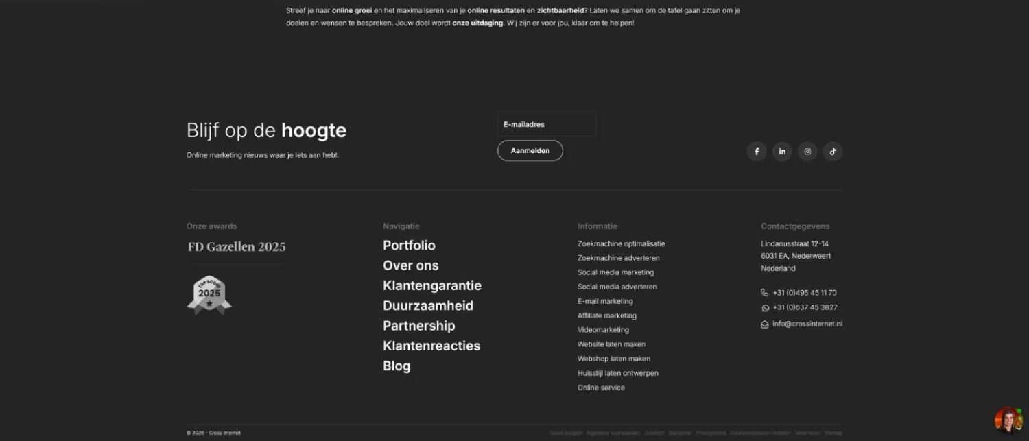 Footer van Cross Internet website