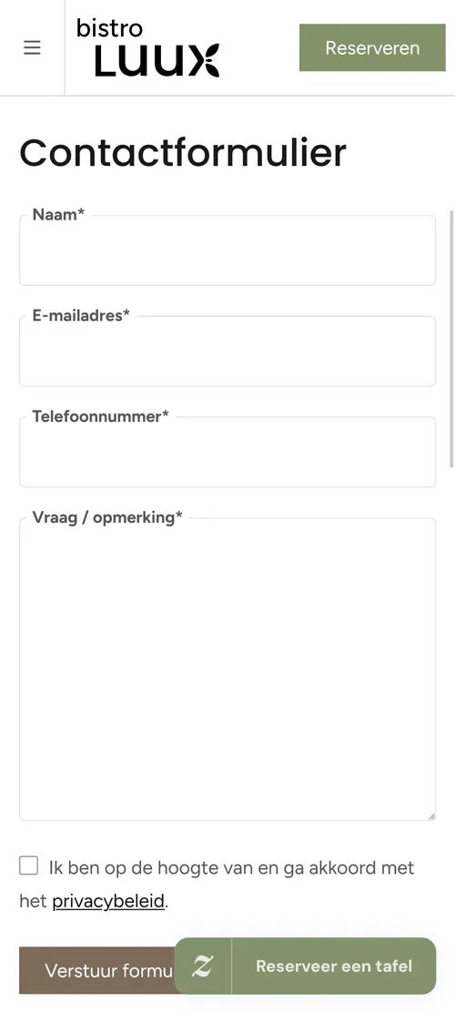 Bistro Luux contactformulier mobiel